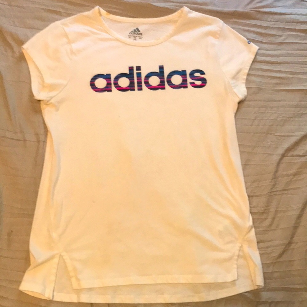 White Adidas tee with striped lettering